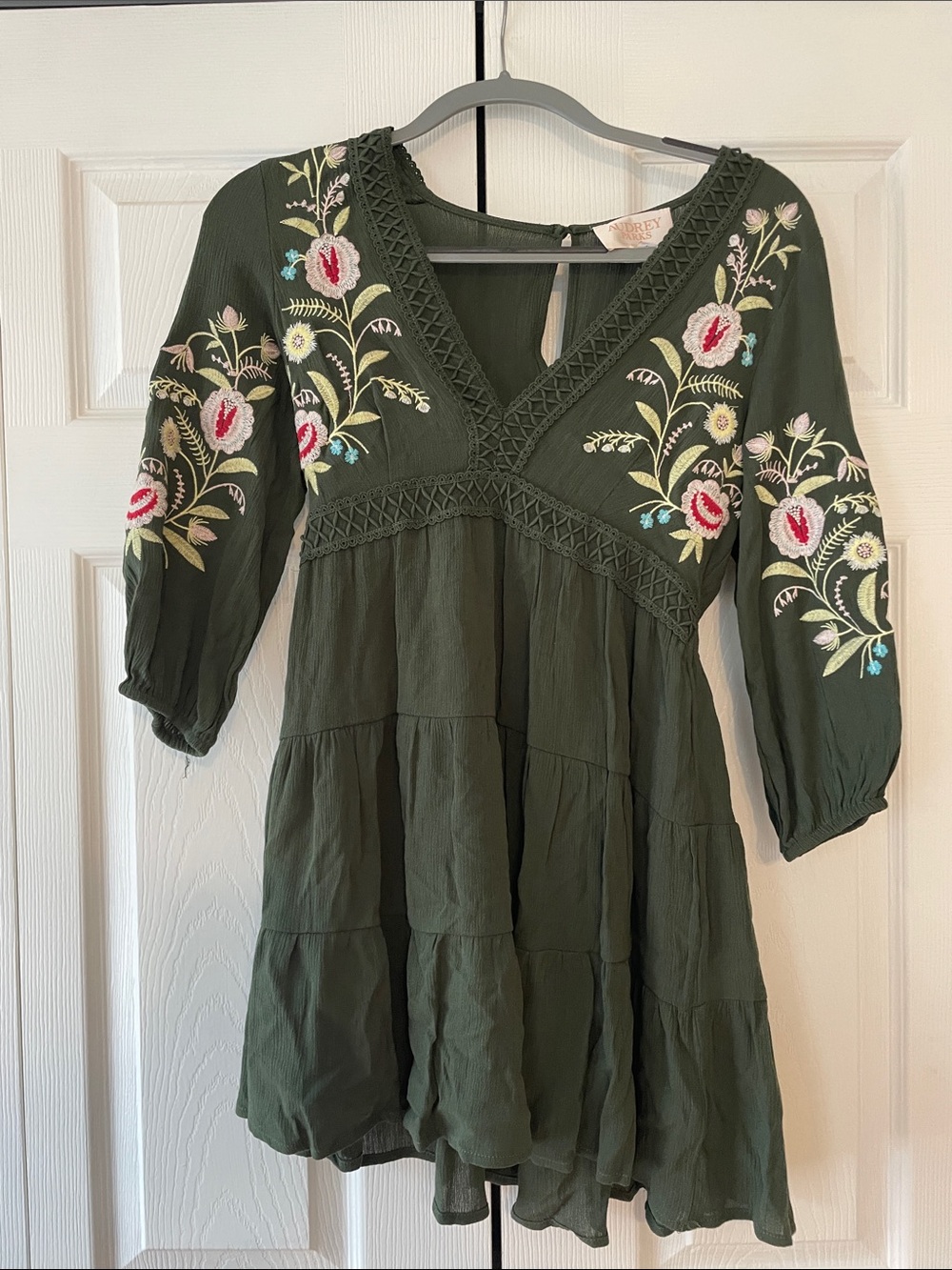 Embroidered Olive Green Boho Tunic Dress